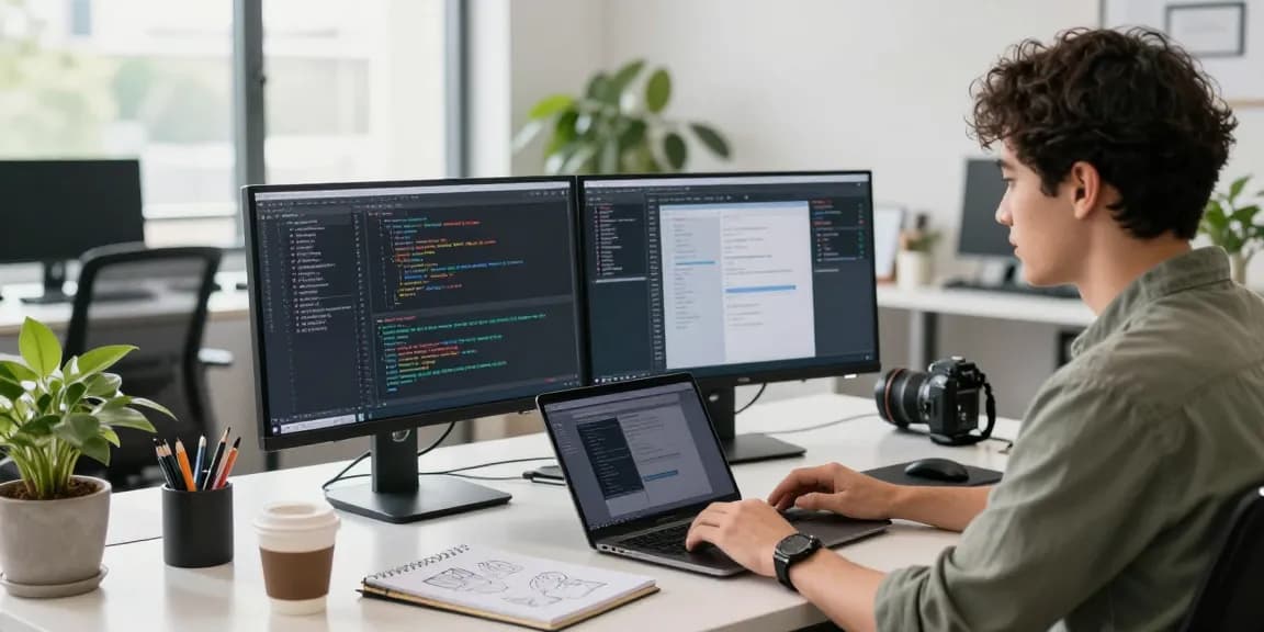 Download Telegram in a modern tech workspace with a programmer coding on dual monitors and vibrant office elements.