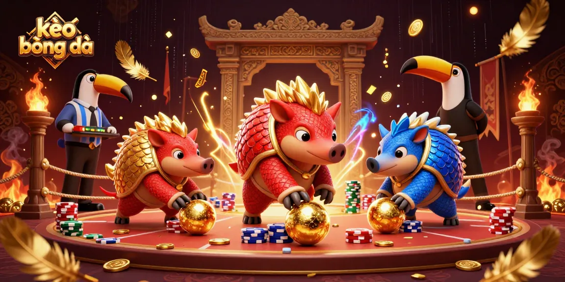 Betting rivals in kèo bóng đá action, tossing golden balls and poker chips.