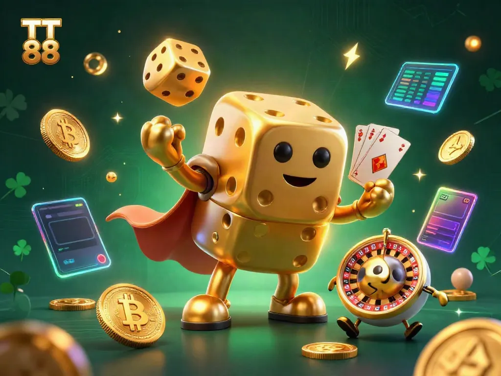 Experience the excitement of TT 88 with a vibrant 3D casino illustration showcasing gaming elements and characters.