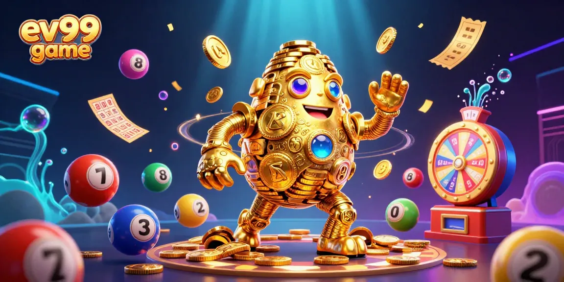 Engage with the ev99 game featuring a golden golem and vibrant lottery elements.