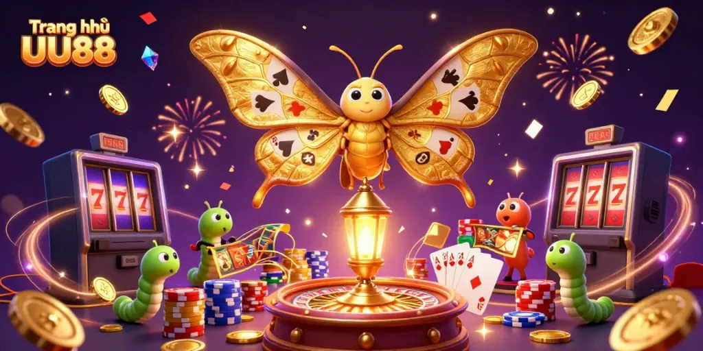 Experience vibrant gaming action on Trang chủ UU88 with a dazzling 3D representation of a moth and casino elements.