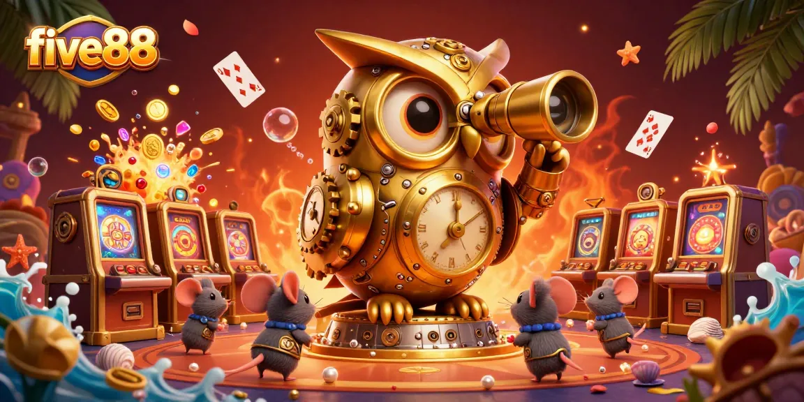 Experience five88's thrill with a vibrant casino scene showcasing a golden owl and wind-up mouse patrons.