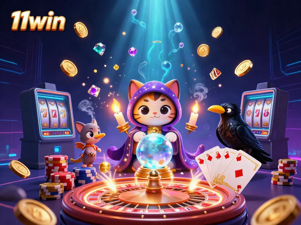 Experience thrilling gaming with 11win's fortune teller cat and gaming elements in vibrant 3D