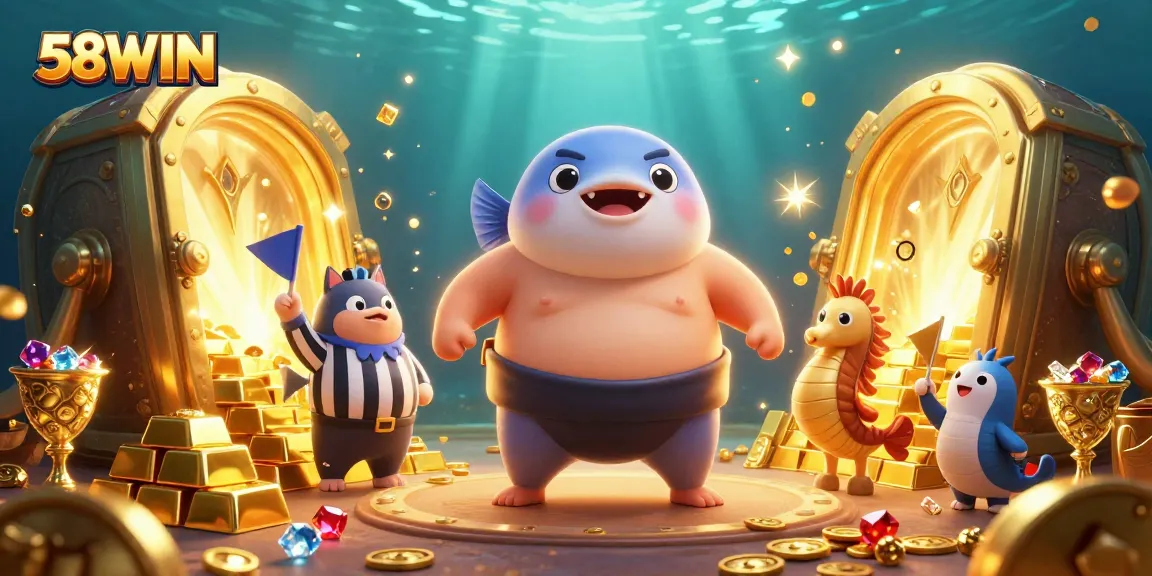 Experience exciting gaming action at 58WIN with a vibrant underwater casino scene featuring a fugu and catfish referee.
