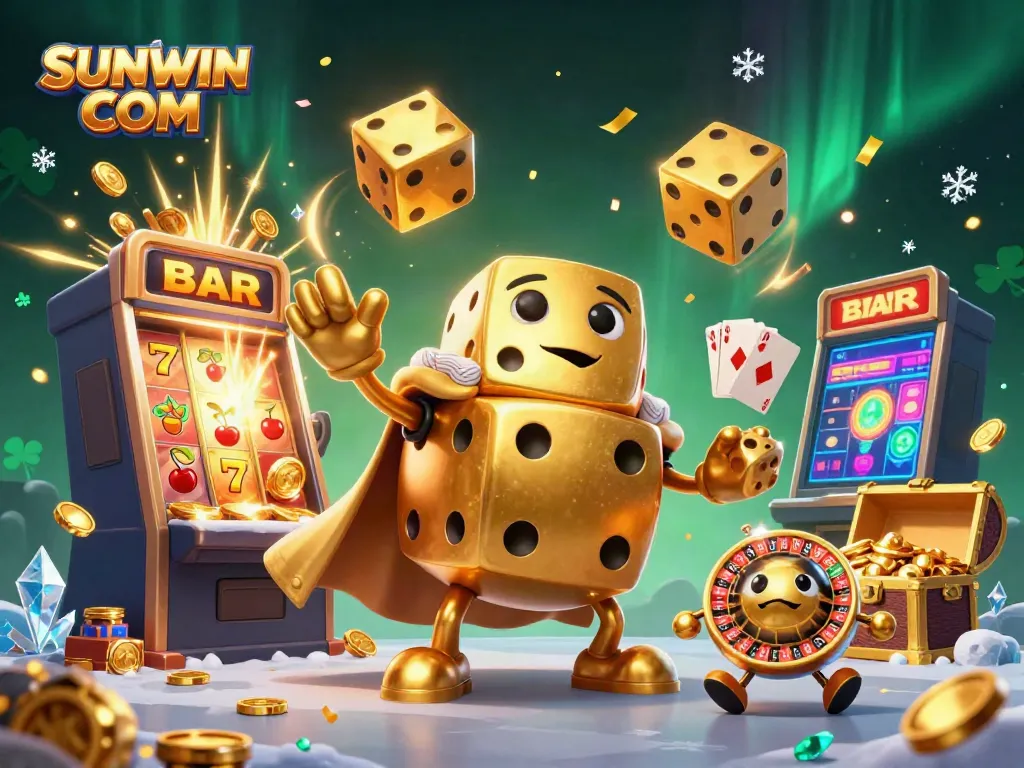 Join the excitement with SUNWIN COM in this thrilling casino scene featuring golden dice and casino games.
