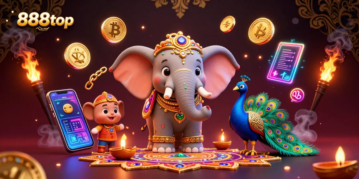 Engage with 888top in this vibrant casino-themed 3D illustration filled with gambling elements.