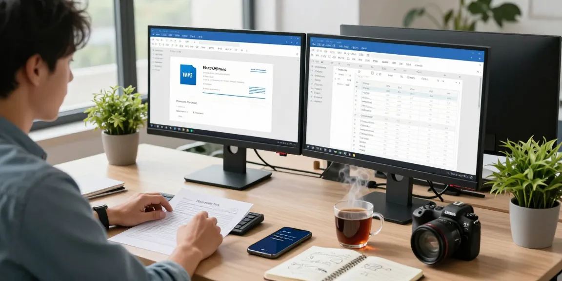 Download WPS Office in a modern workspace with dual monitors and productive elements.