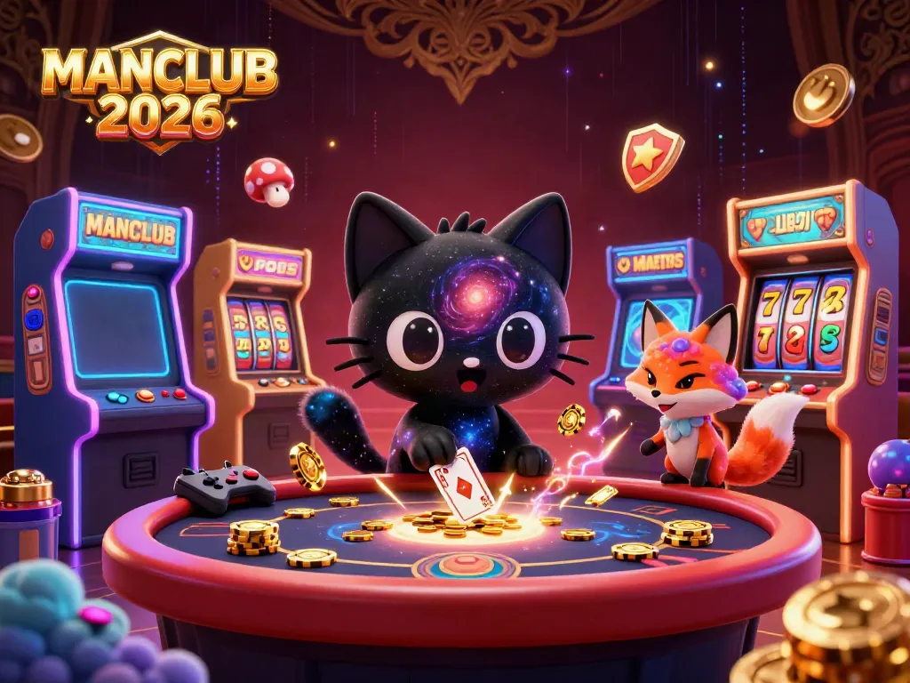 Experience the excitement of MANCLUB 2026 with vibrant casino-themed characters at a cosmic gaming table.