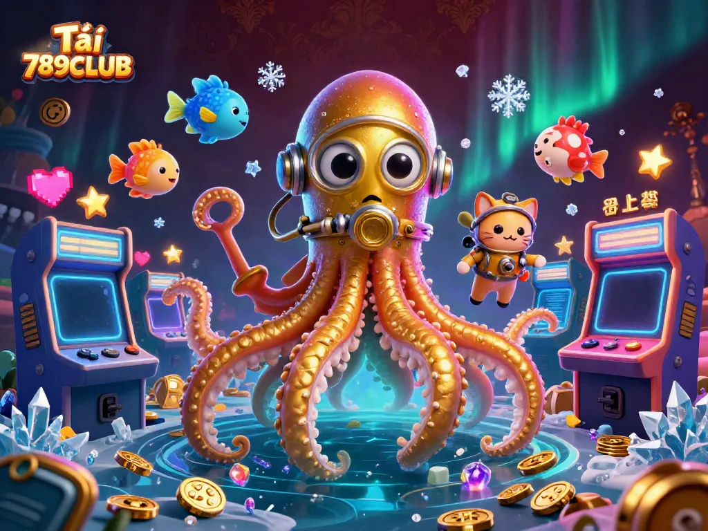 Tải 789CLUB with adventurous characters like a golden kraken, retro game machines, and a diving cat.