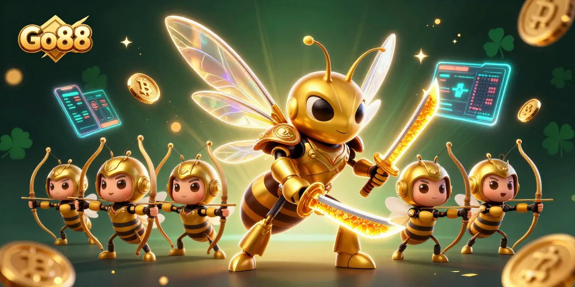 Experience excitement at Go88 with a vibrant 3D rendering featuring golden hornet warriors and crypto elements.