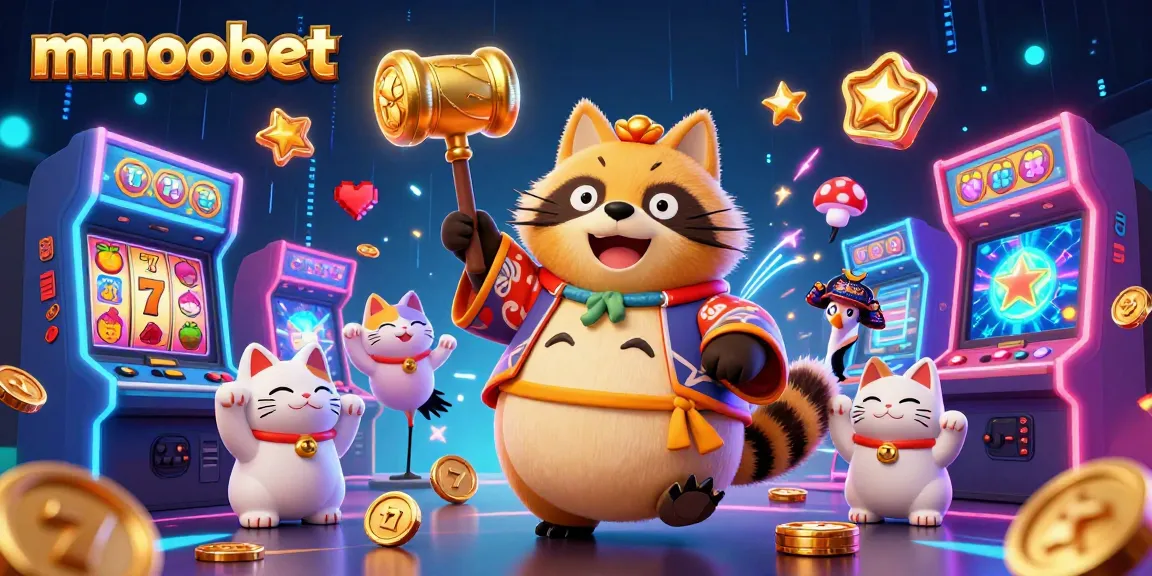 Engage with mmoobet's vibrant slots and cheerful characters in this dynamic casino illustration.