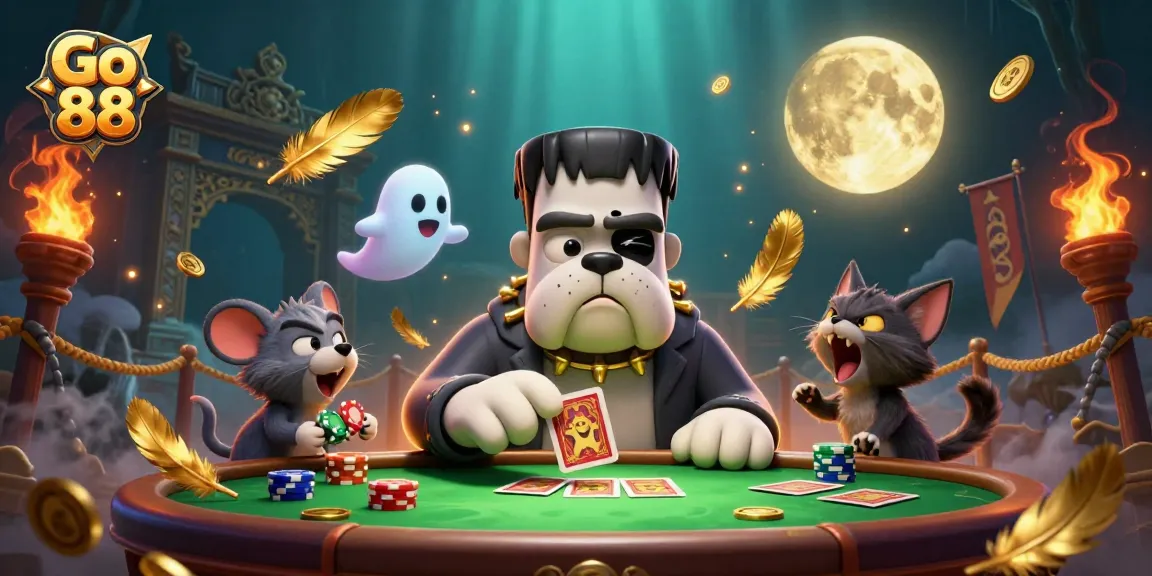Experience thrilling gaming with Go 88 as animated characters engage in action at a vibrant casino table.