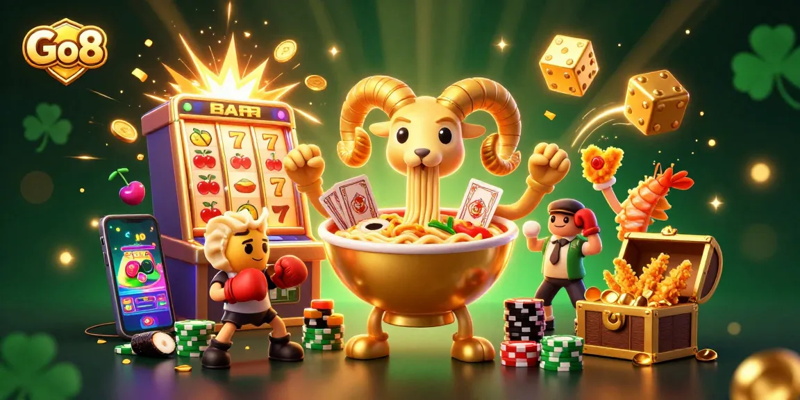 Join Go8's vibrant casino scene with a golden ramen bowl dealer, chips, and jackpot excitement!