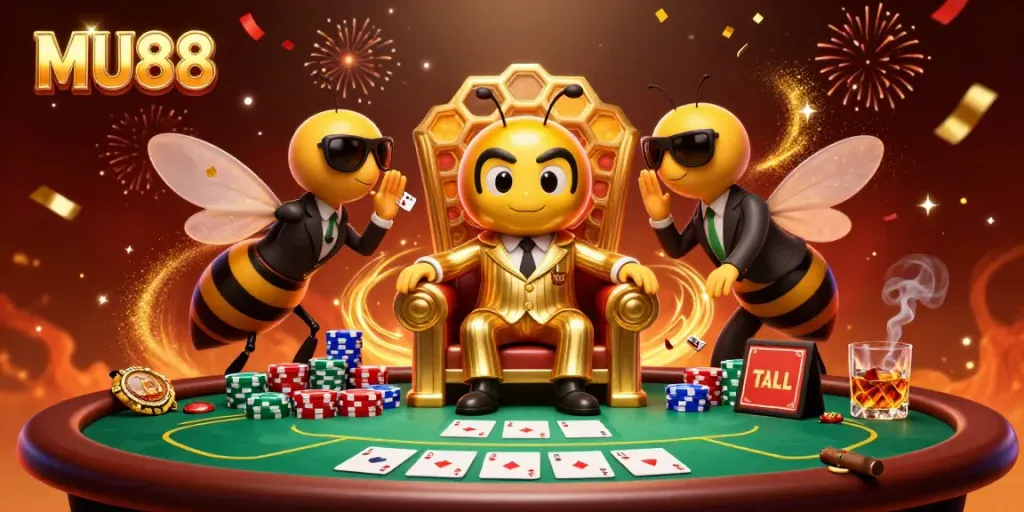 Experience thrilling gambling adventures with MU88's dynamic 3D illustration showcasing a boss bee at a poker table.
