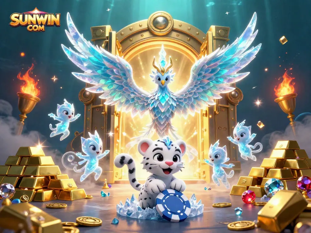 Experience thrilling games at SUNWIN COM, featuring vibrant characters and dazzling treasures in a dynamic casino scene.