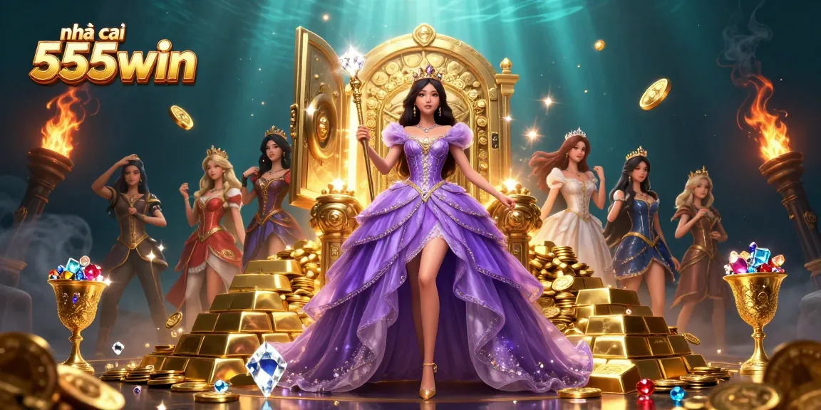 Engage in casino action with nhà cái 555win, featuring a royal princess character amidst sparkling treasures below sea waves.
