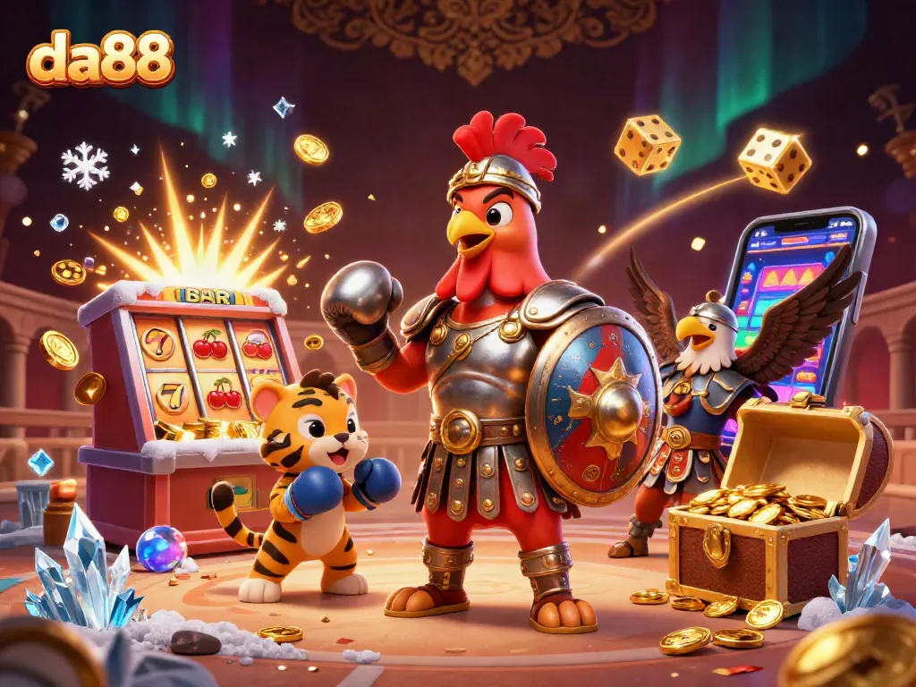Spin the reels at da88 with a vibrant 3D casino scene featuring lively characters and huge jackpots.