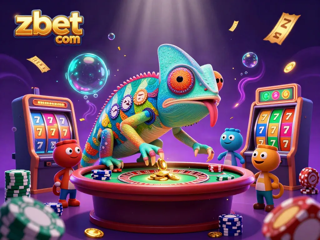 Experience the excitement with zbet com in this vibrant casino illustration featuring a chameleon owner among dynamic gaming elements.