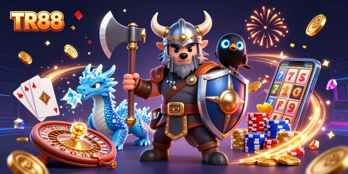 Join the excitement at TR88 with a captivating illustration of a Viking warrior, dragon, and raven amidst casino elements.