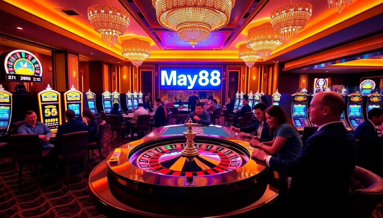Players enjoying high-stakes excitement at May88 casino tables with vibrant roulette and slots.