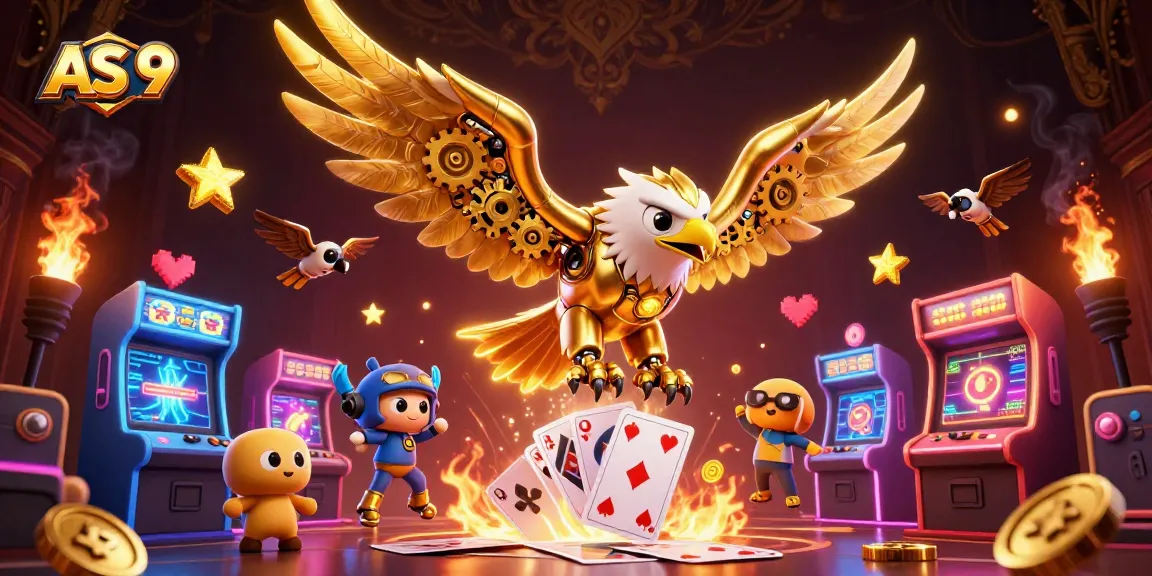 Experience the thrilling dive of the AS 9 cybernetic eagle in a vibrant casino-themed world.