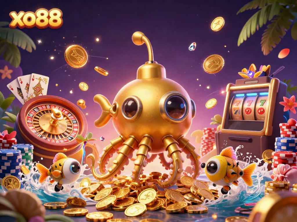Experience the thrill of xo88 with a dynamic scene of a golden kraken submarine surrounded by casino treasures.