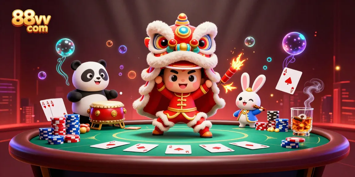 Experience the excitement of 88vv com with a vibrant lion dance casino scene featuring poker elements and adorable characters.