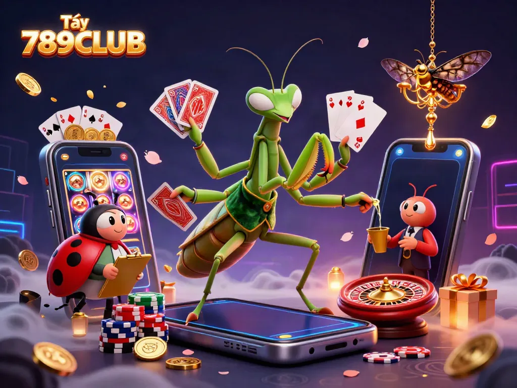 Tải 789CLUB with a giant praying mantis card sharp and ladybug pit boss amidst dynamic casino elements