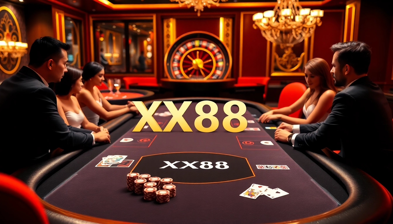 Experience the excitement of XX88 at a luxurious casino gaming table with vibrant poker chips and cards.