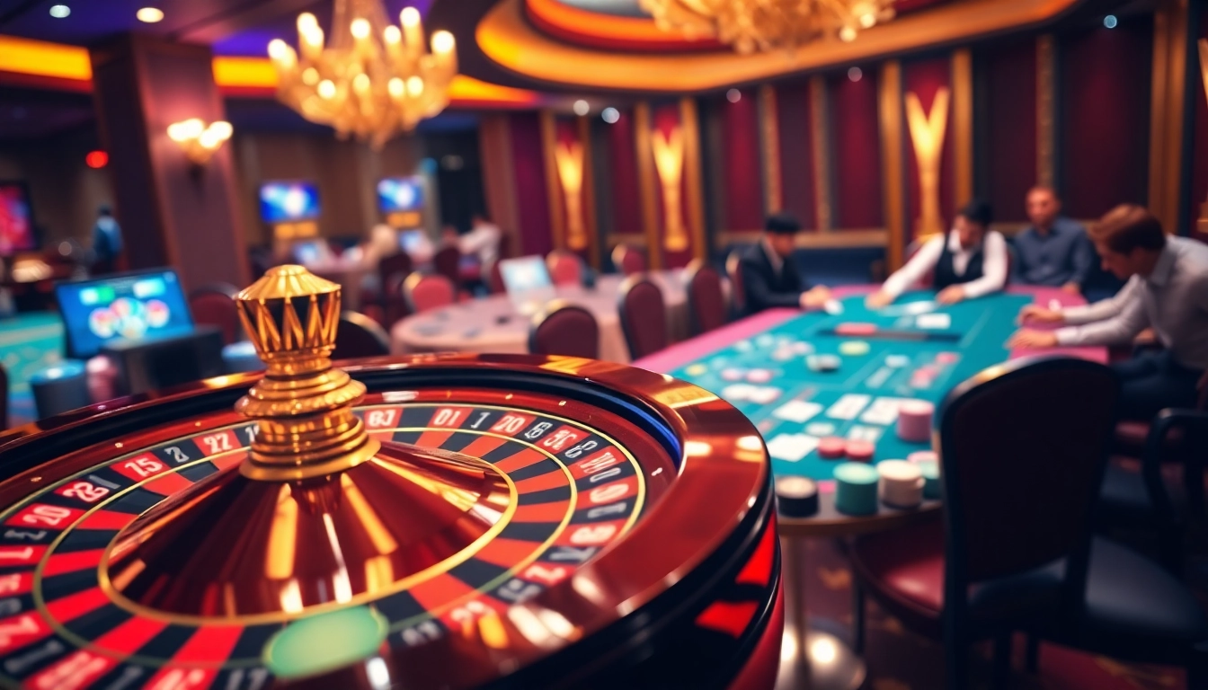 Experience the excitement of MM88 with vibrant poker and roulette games in a luxurious casino setting.