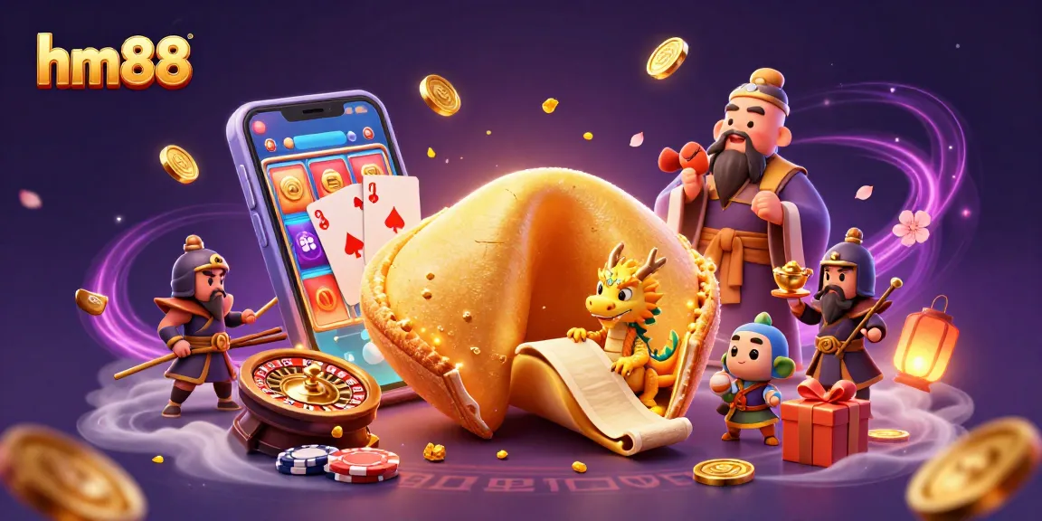 Engage with the exciting world of hm88 as the dragon reveals fortunes inside a golden cookie amidst vibrant gambling elements.
