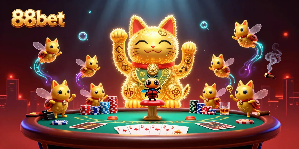 Experience the excitement of 88bet with a dynamic 3D illustration of a lucky cat and poker elements.