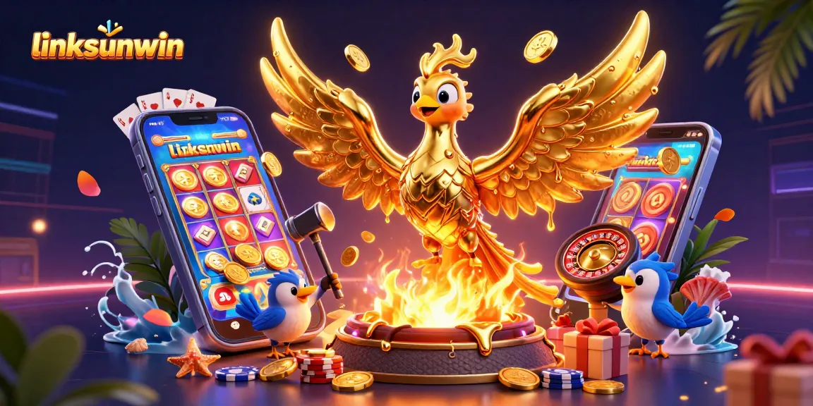 Experience thrilling fun at linksunwin with a golden phoenix and vibrant casino elements!