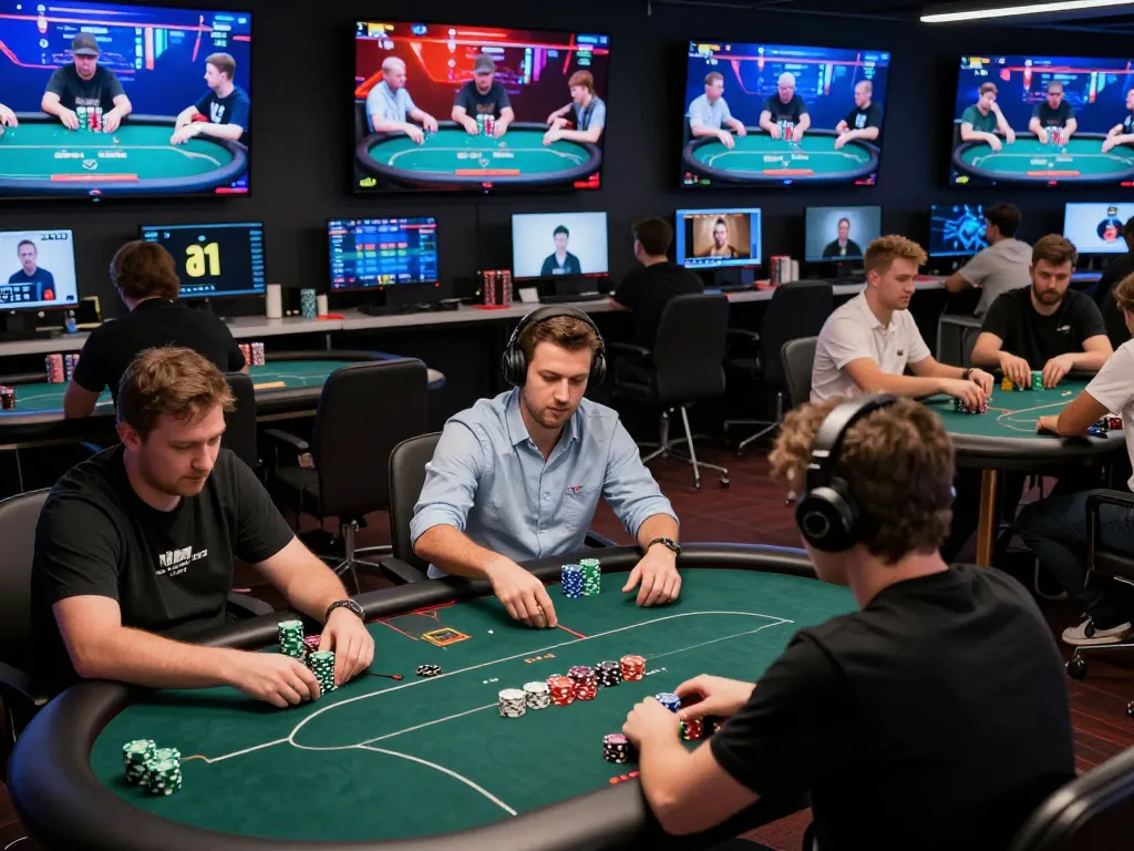 Yoğun çevrimiçi poker aksiyonuyla ilgilenen oyuncular, renkli fichalar ve monitörlerle rekabetçi bir kalibet ortamı oluşturuyor.