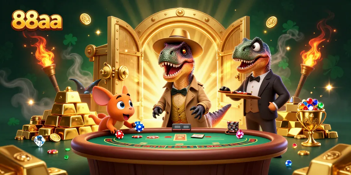 Immerse in gaming excitement with 88aa featuring a clever velociraptor at a blackjack table.
