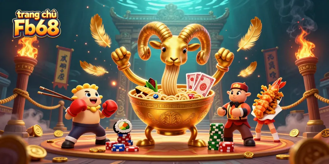 Engage in gaming action with trang chủ Fb68 as the giant ramen bowl character stacks chips and deals cards