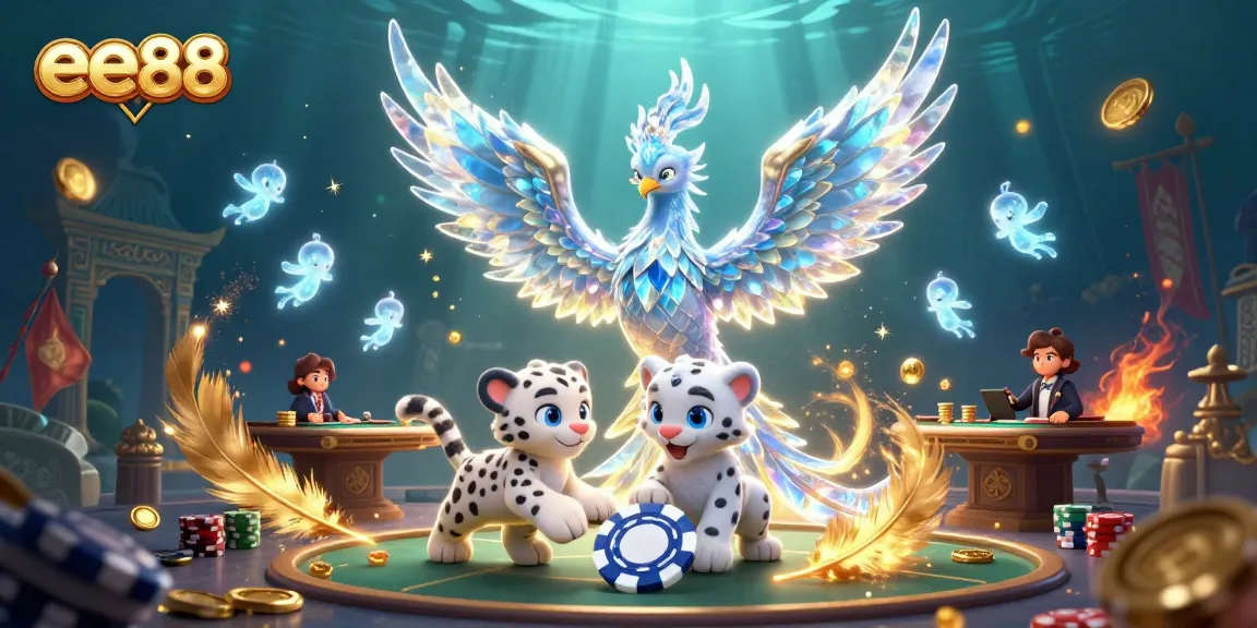 Experience the thrill of ee88 with a dynamic 3D casino scene featuring poker elements and enchanting characters.