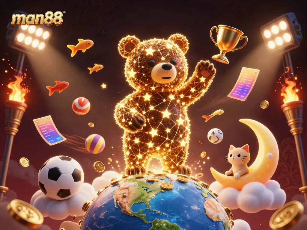Play exciting games at Man88, surrounded by vibrant sports elements and a magical atmosphere.