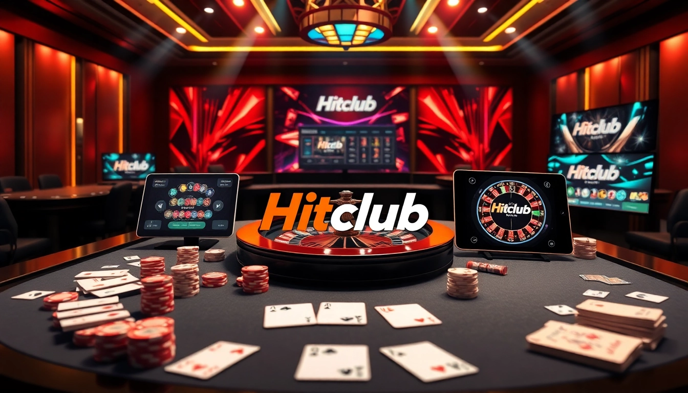 Experience the excitement of Tải Hitclub with a luxury online casino setup featuring vibrant gaming elements.
