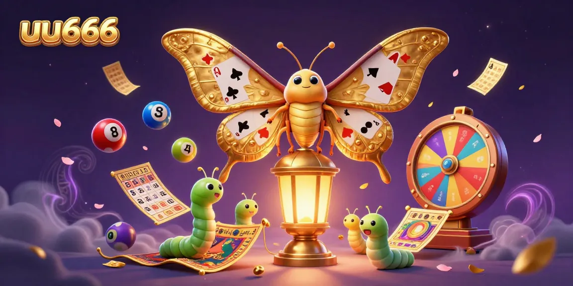 uu666 unleashes excitement with vibrant casino scenes featuring a golden moth surrounded by lottery balls and casino elements.