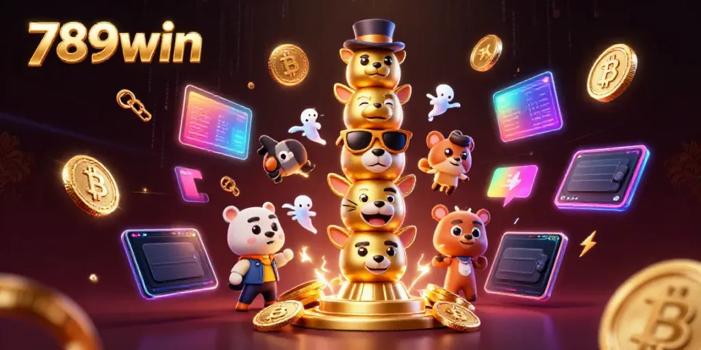 Experience the vibrant 789win casino world with animated characters and glowing crypto elements.
