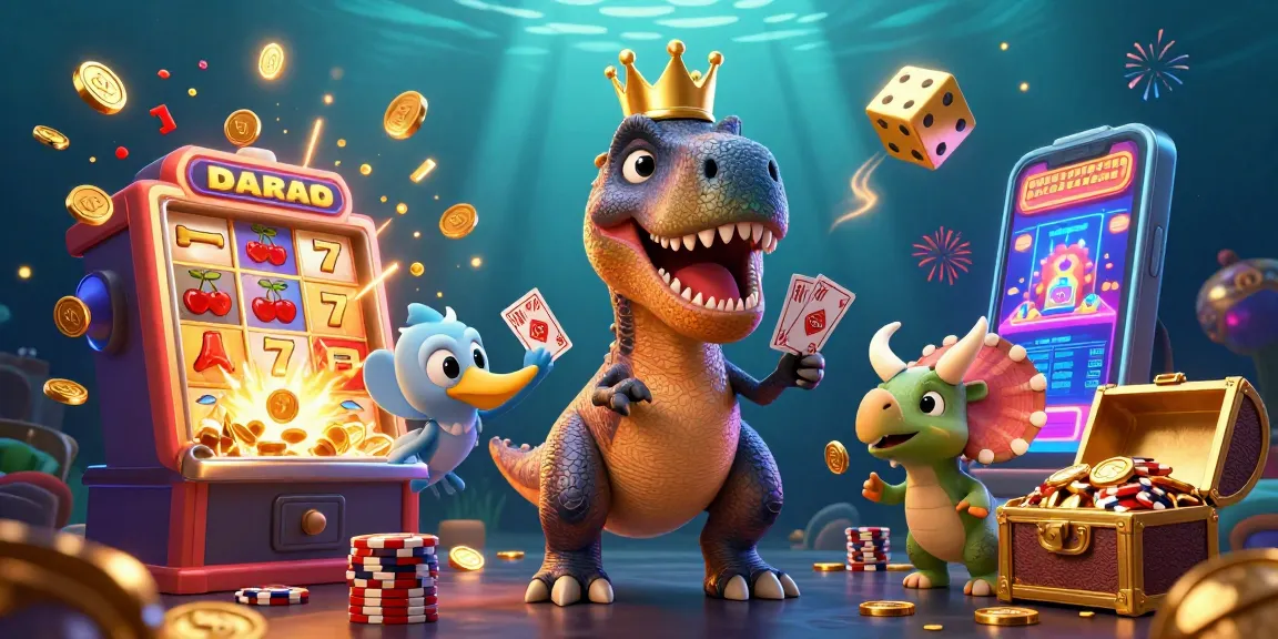 Experience the thrill of 23win as a T-Rex shuffles cards amidst slots and coins in 3D!