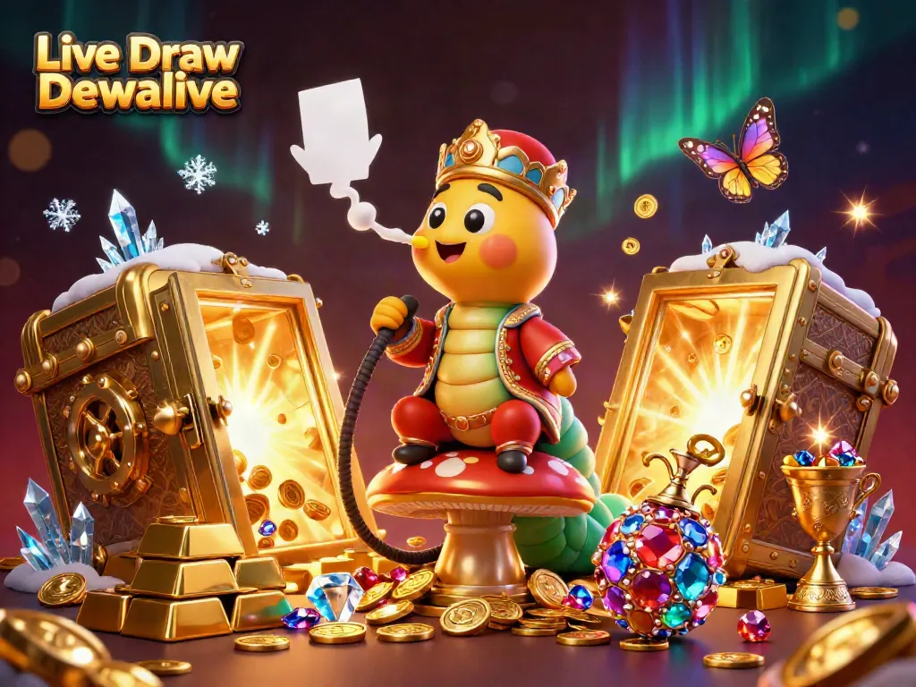 Menampilkan Live Draw Dewalive dengan karakter unik dalam suasana kasino yang kaya akan warna dan elemen lainnya.