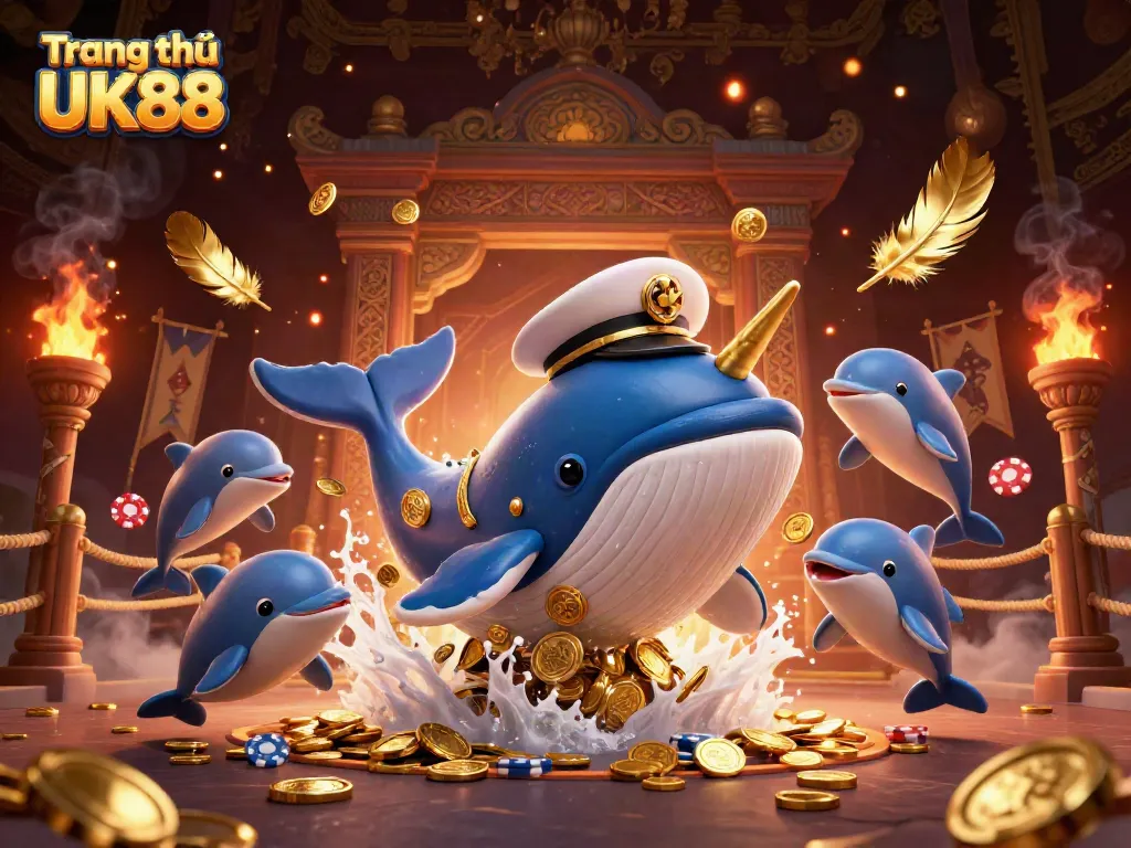 Engage with the excitement of Trang chủ UK88 as playful dolphins and a whale celebrate a jackpot amidst gold coins.