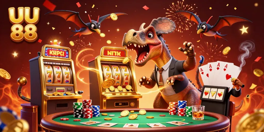 UU 88 pachycephalosaurus celebrates a big jackpot while an ankylosaur manager and pteranodon catch coins.