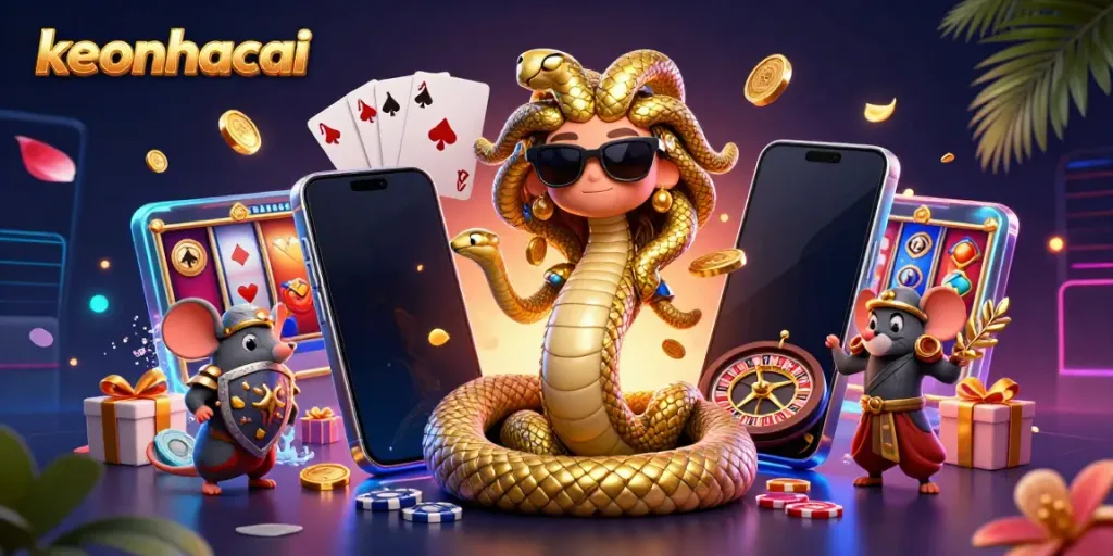Experience the excitement of keonhacai with Medusa and a warrior mouse in a vibrant casino scene.