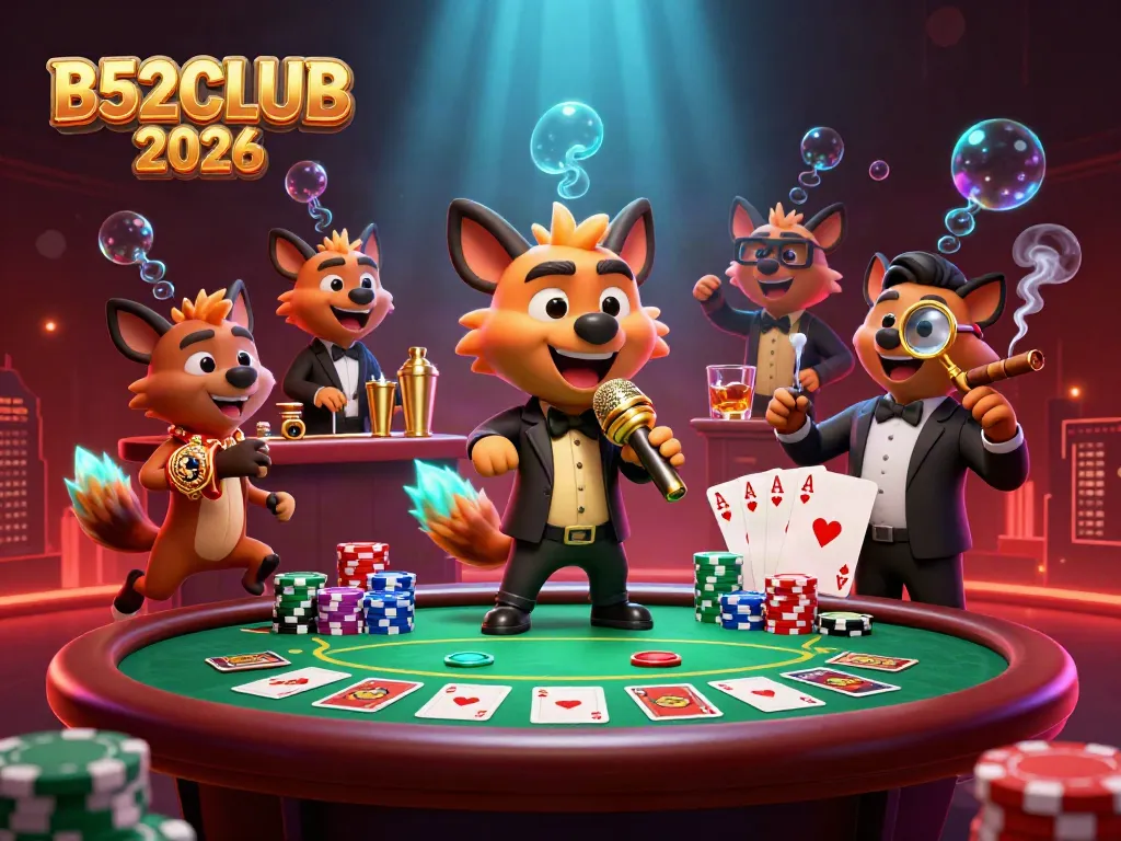 B52CLUB 2026 showcases a vibrant 3D casino scene with hyena characters engaging in entertainment and gaming.