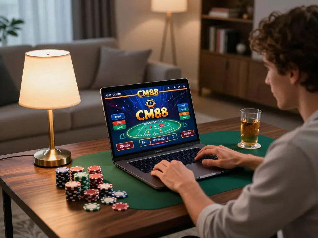 Engaging player experiencing CM88 online casino gaming with vibrant game interface at home