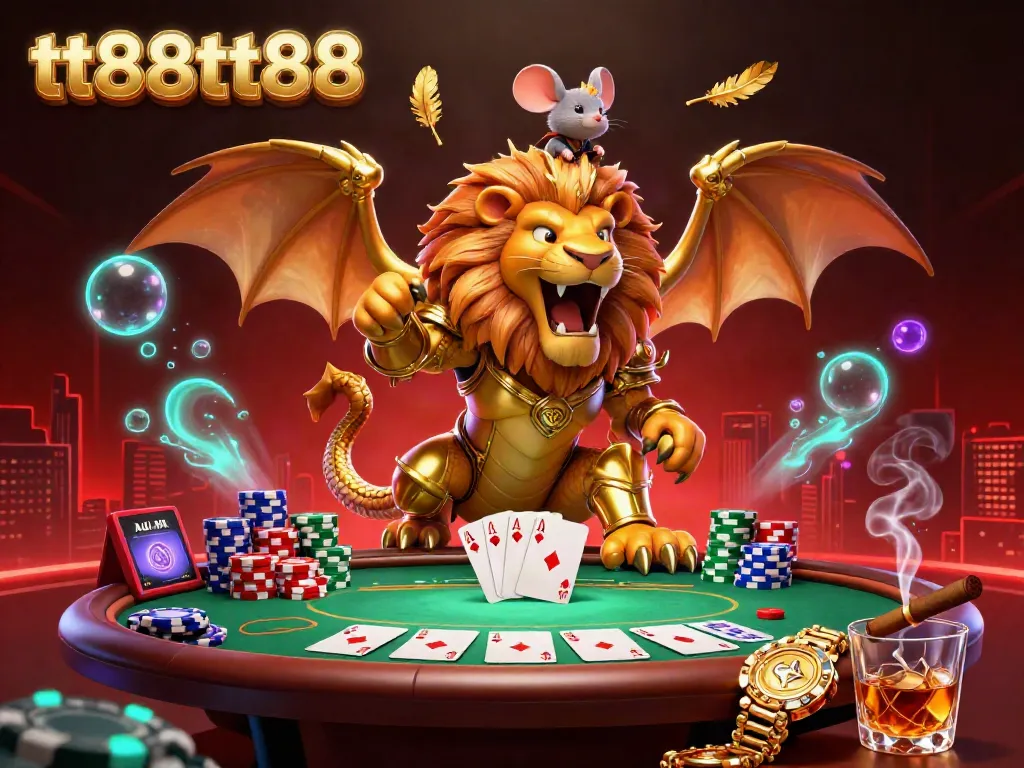 Experience the thrill of tt88tt88 with a roaring chimera and vibrant poker scene, showcasing winning elements.