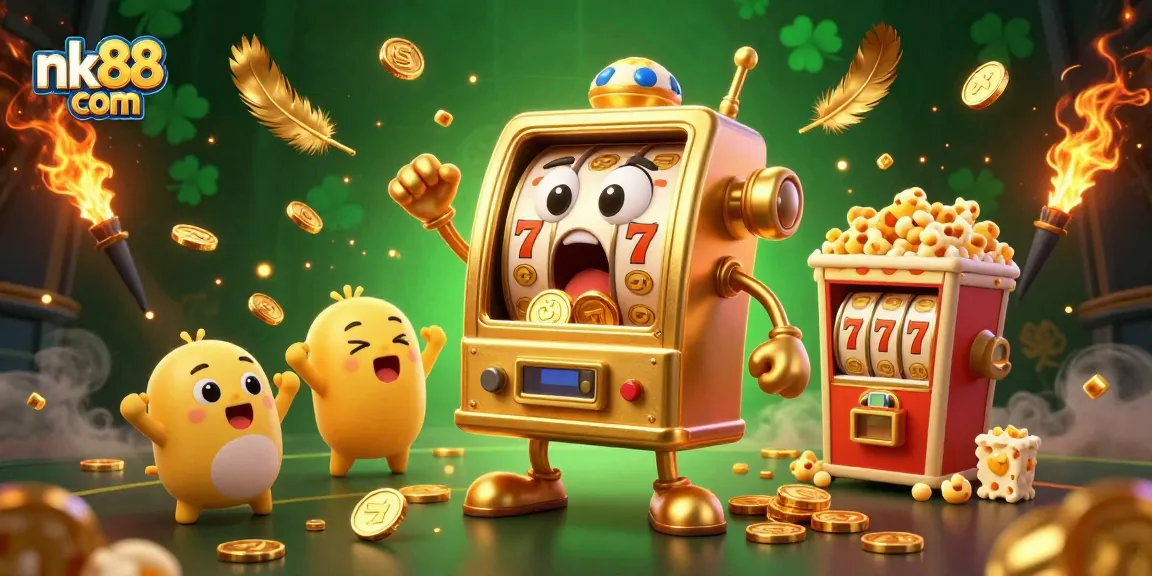 Witness the nk88 com jackpot excitement as the golden slot machine celebrates, surrounded by cheering friends and casino riches.